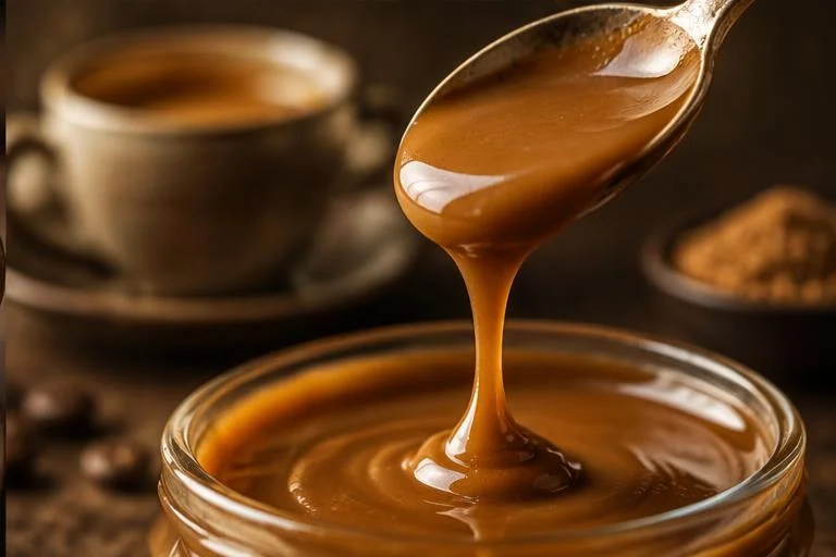 Caramelo líquido dorado cayendo de una cuchara junto a una taza de café