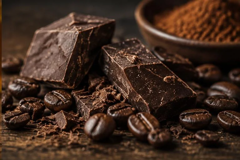 Trozos de chocolate oscuro y cacao junto a granos de café tostado